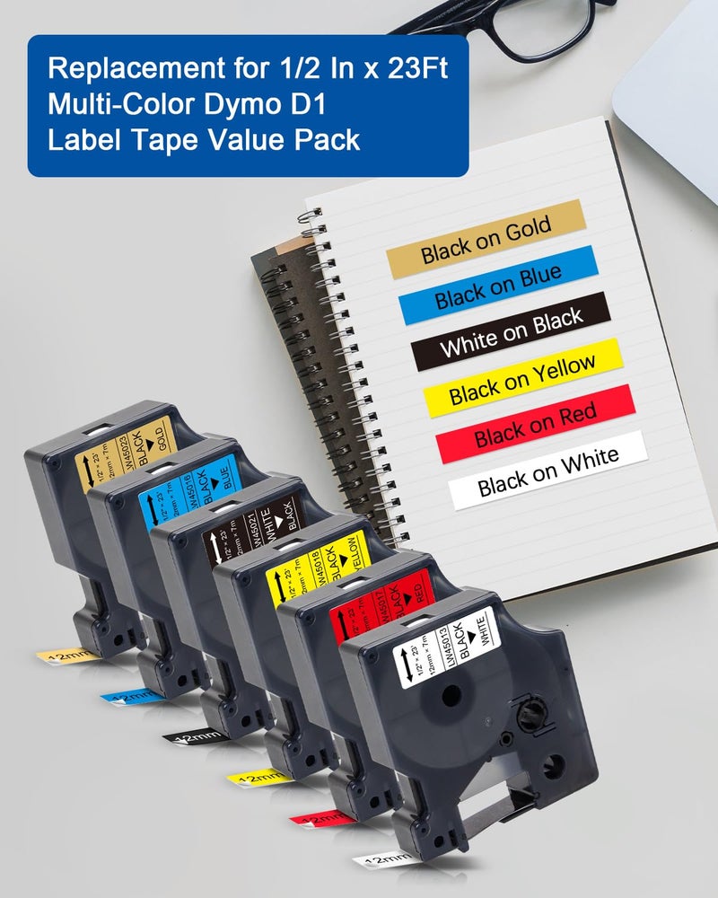Labelwell 6-Pack Replacement For Dymo D1 Label Tape 45013 45016 45017 45018 45021 45023 Colorpop Refills For Labelmanager 160 280 210D 360D 420P 450D 450P 450Duo Pnp Label Maker, 1/2 Inch X 23 Ft - Image 2